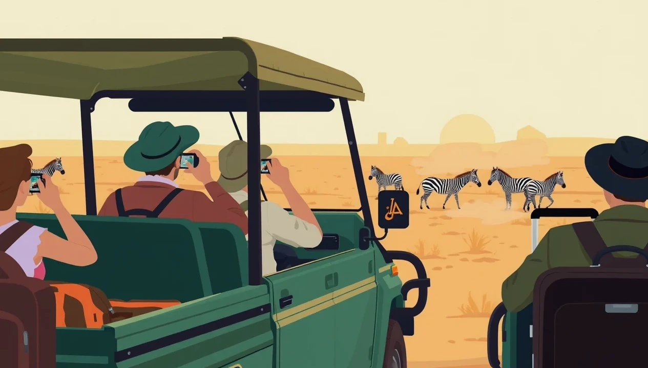 Turistické terénne auto na prašnej ceste v africkej savane