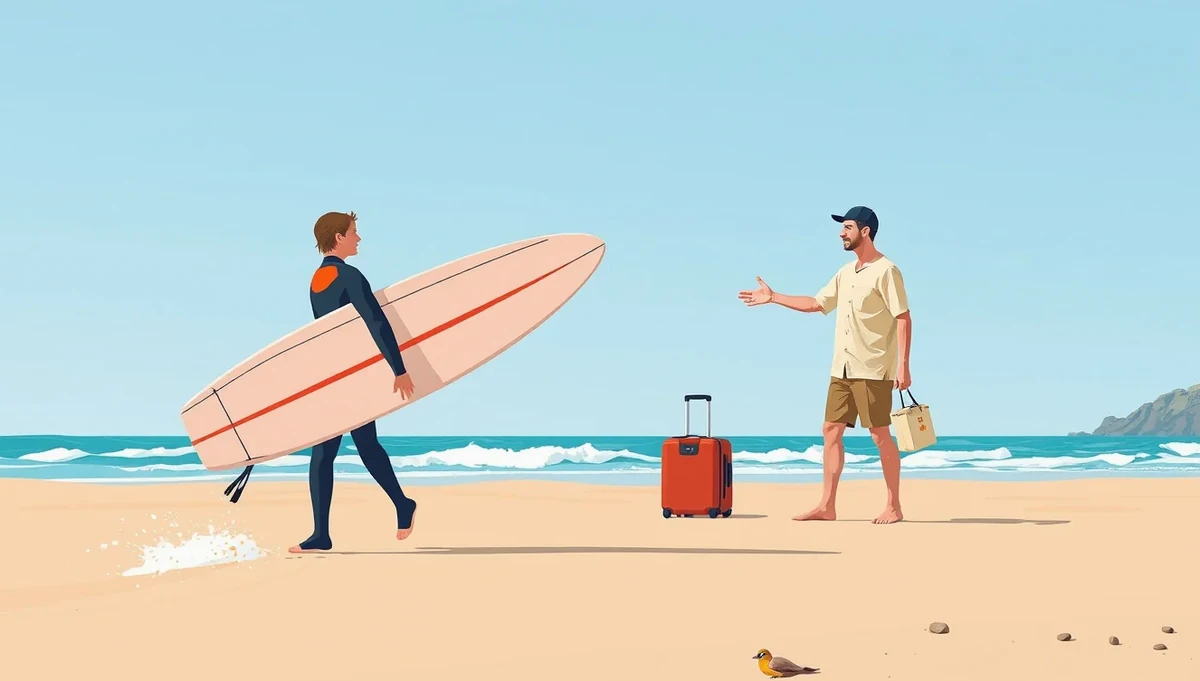 Surfer pripravujúci si foilové krídlo na veternej pláži na Fuerteventure