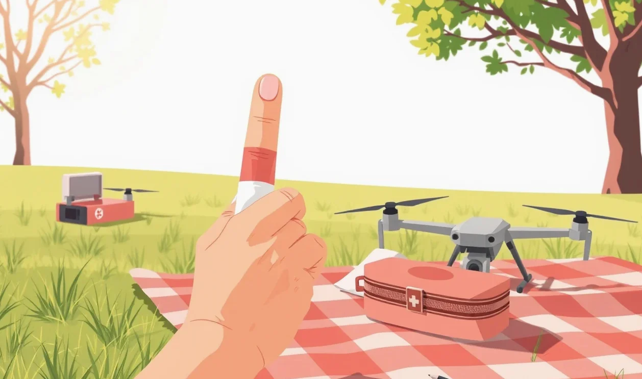 Dron havarovaný na zemi vedľa poškodeného plotu a hospodárskej budovy