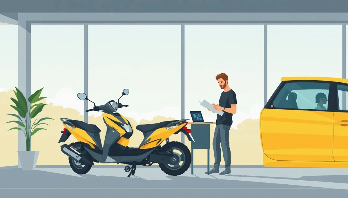 Majiteľ motocykla kontroluje kúpnu zmluvu a doklady od vozidla pri stole