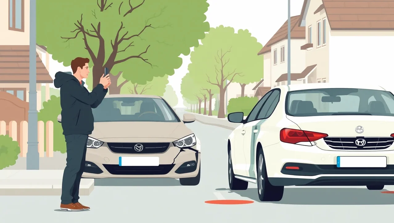 Vodič a likvidátor kontrolujú poškodenie predného nárazníka vozidla po dopravnej nehode