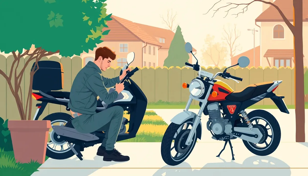 Motocyklová prilba a kožené rukavice položené na sedadle motocykla vedľa cesty