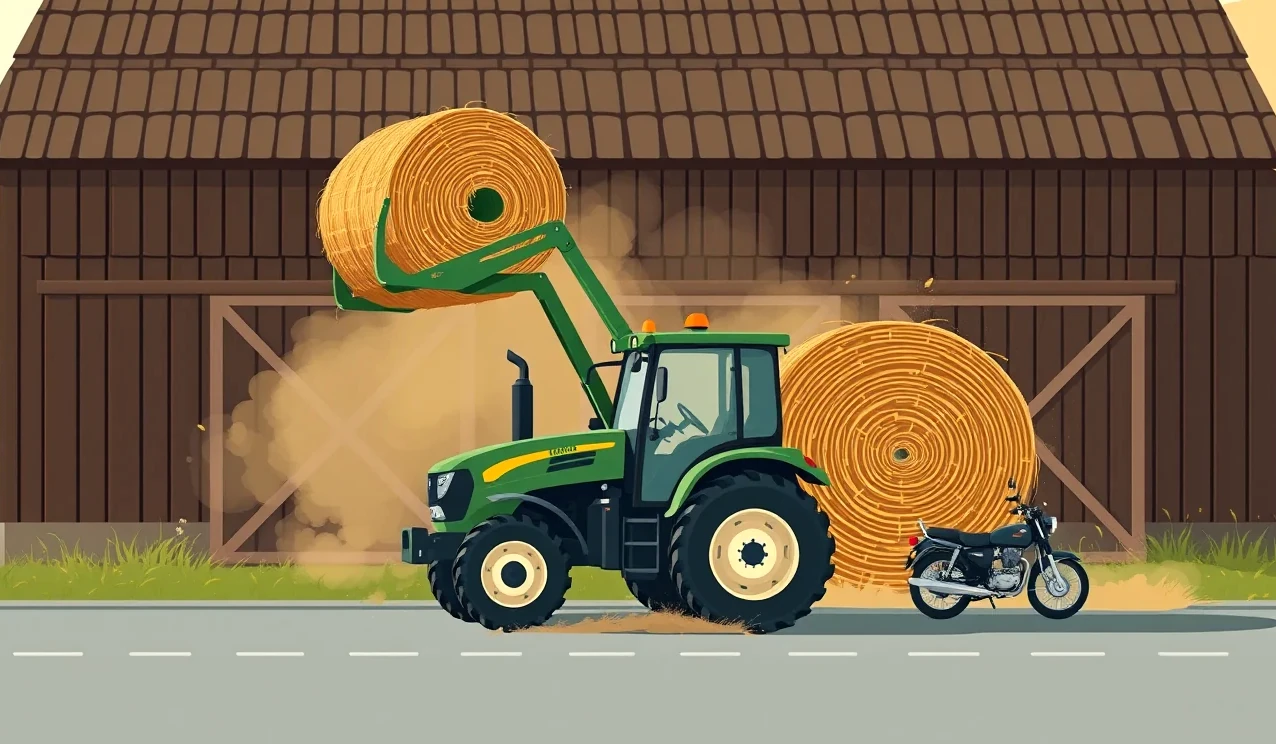Starší poľnohospodársky traktor pracujúci na poli pri zbere úrody