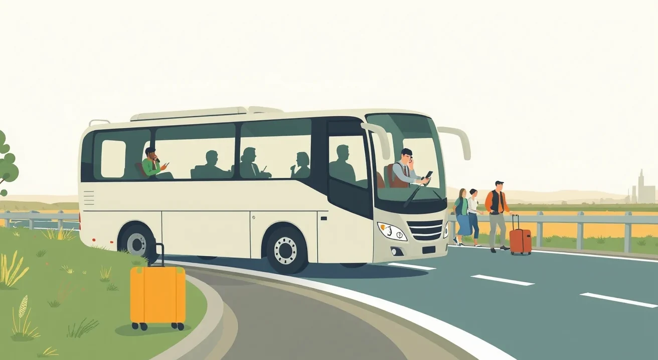 Moderný diaľkový autobus stojaci na diaľničnom odpočívadle pri vystupovaní cestujúcich