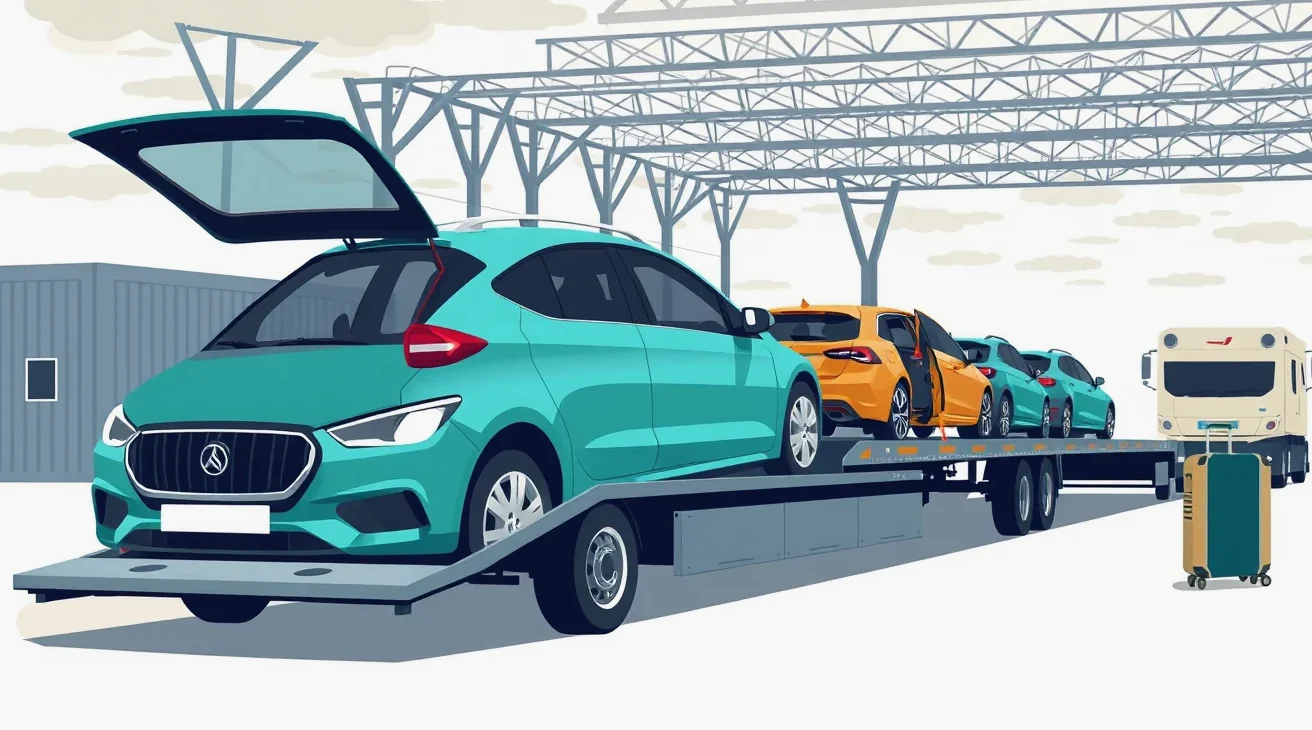 Žlté odťahové vozidlo nakladá nepojazdné osobné auto na diaľnici v zahraničí