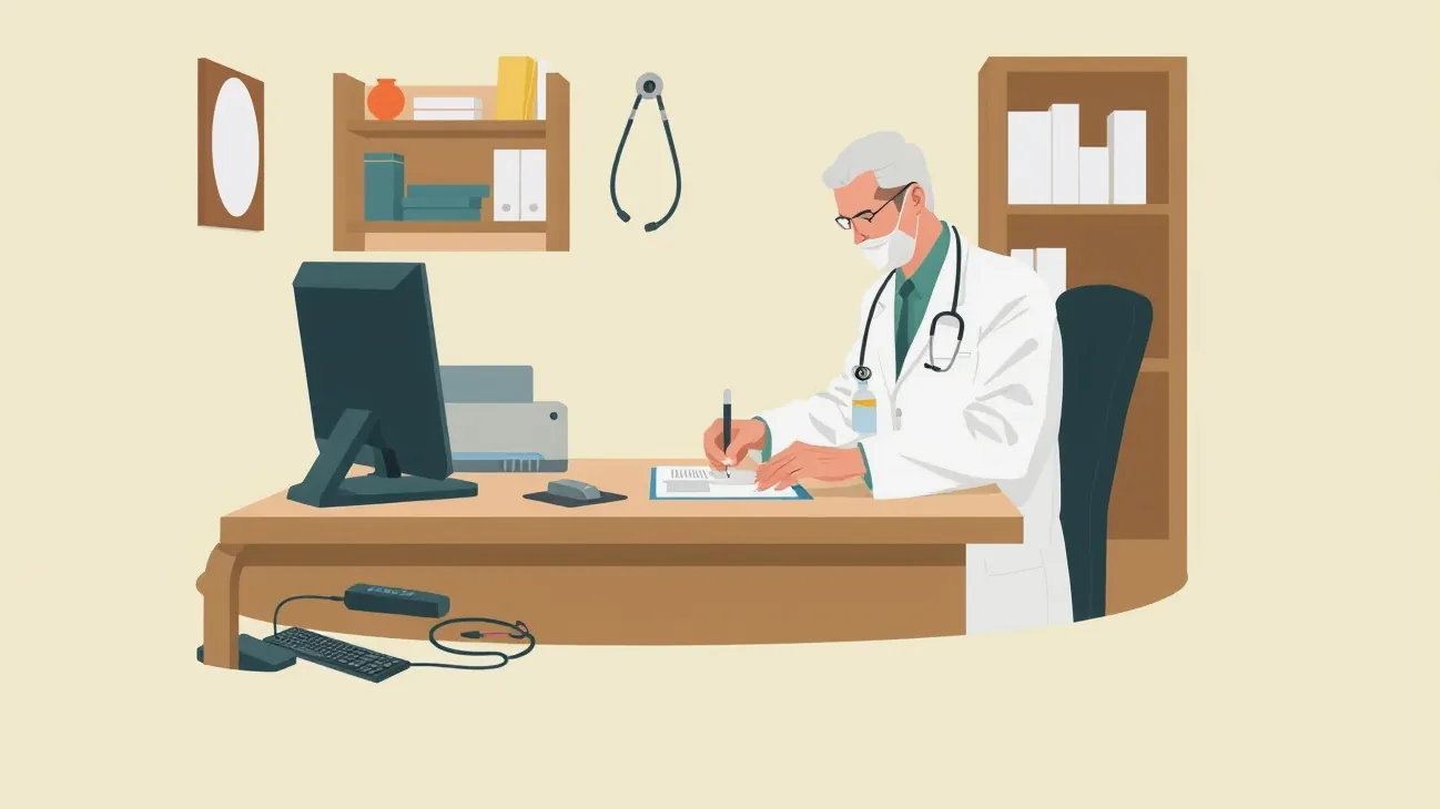 Lekár v ambulancii vypĺňa lekársku správu a záznam o úraze