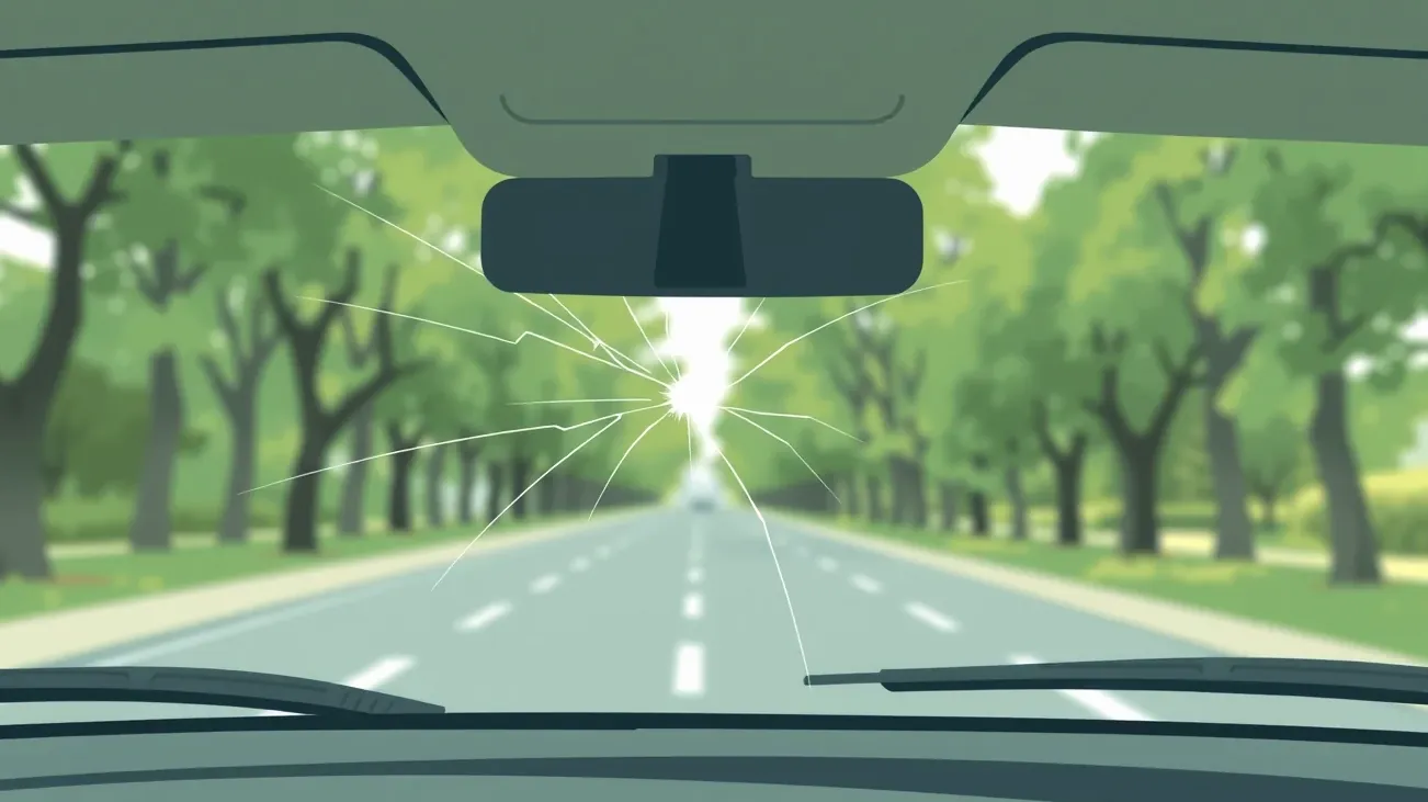 Detail poškodeného čelného skla automobilu po náraze odleteného kameňa