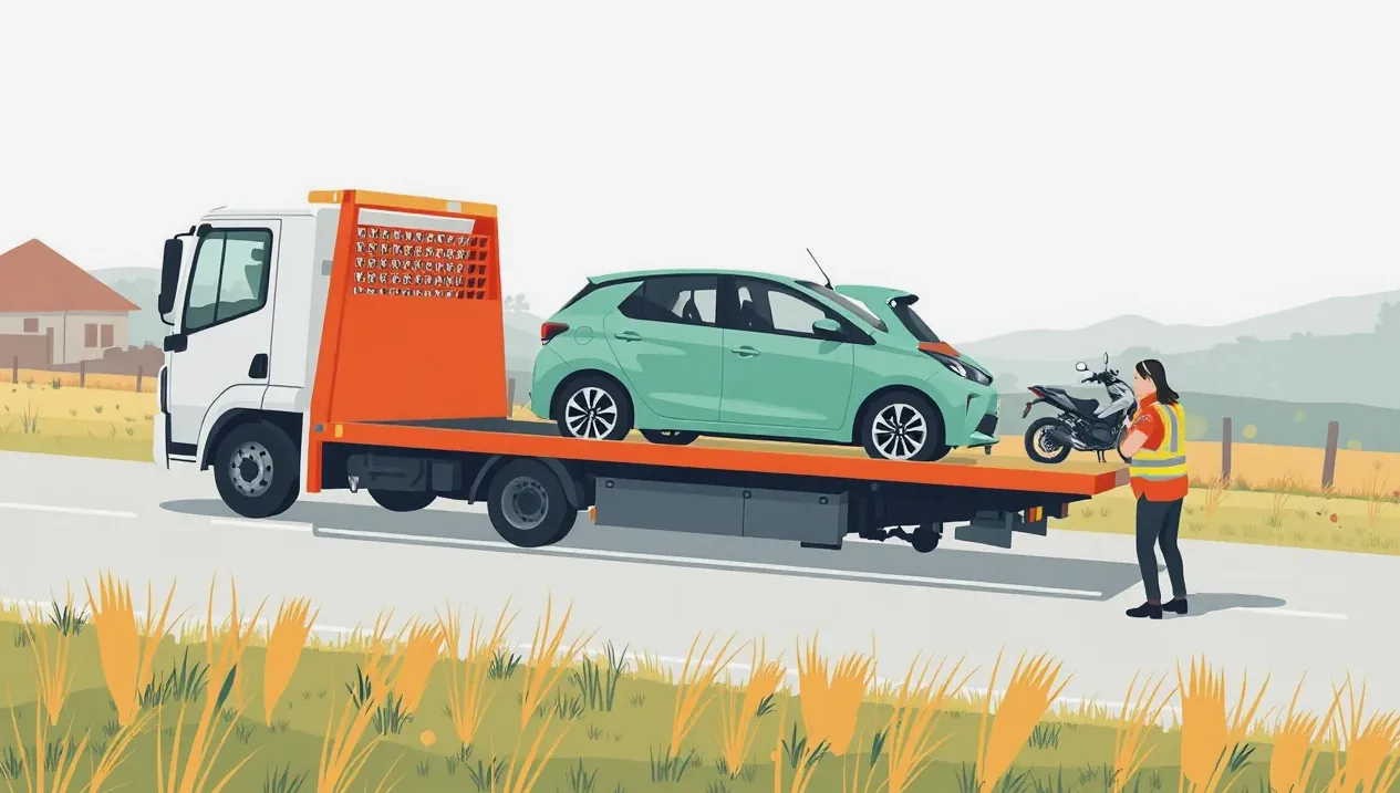 Odťahová služba nakladá nepojazdný elektromobil na hydraulickú plošinu