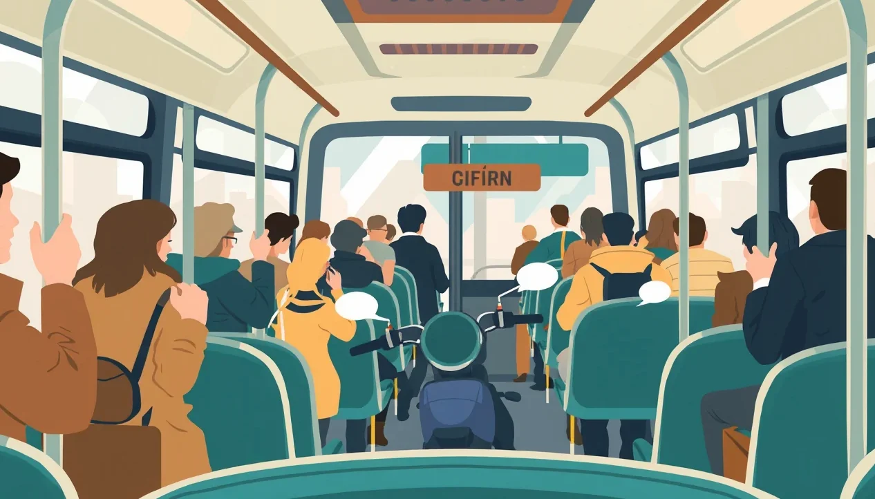 Cestujúca držiaca sa pevného žltého madla v uličke idúceho autobusu