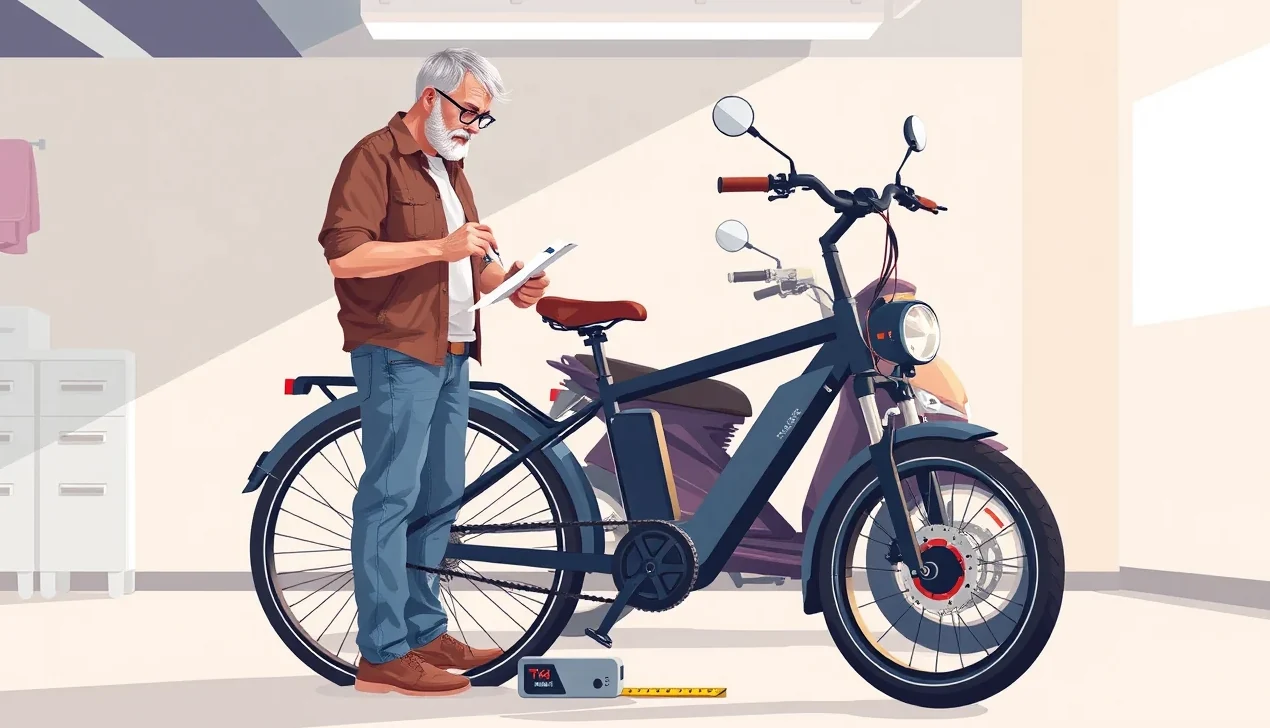 Cyklista kontroluje výrobný štítok a technické označenie na ráme elektrického bicykla