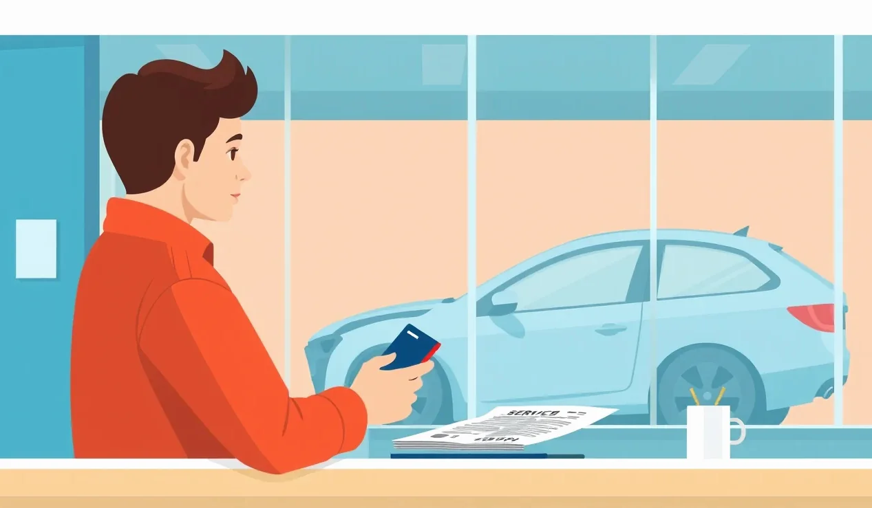 Vodič s technikom v autoservise kontroluje poškodenie predného nárazníka vozidla