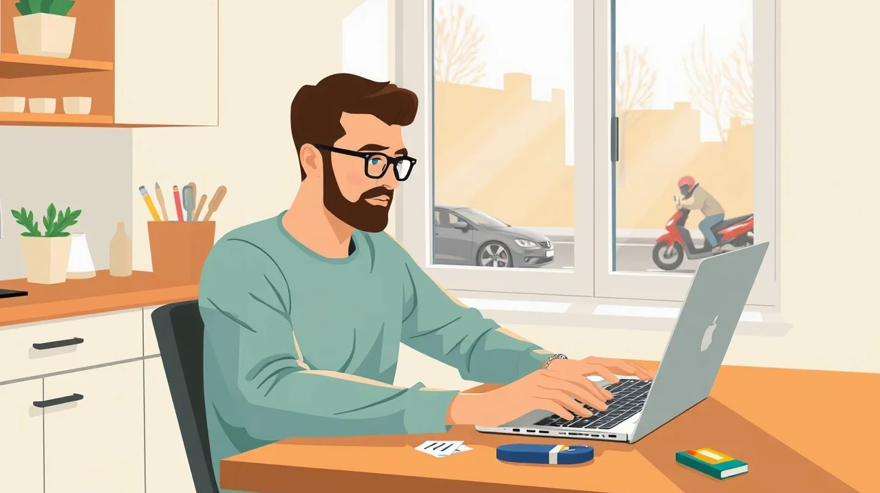 Podnikateľ vypĺňa údaje firemného vozidla do online formulára na notebooku